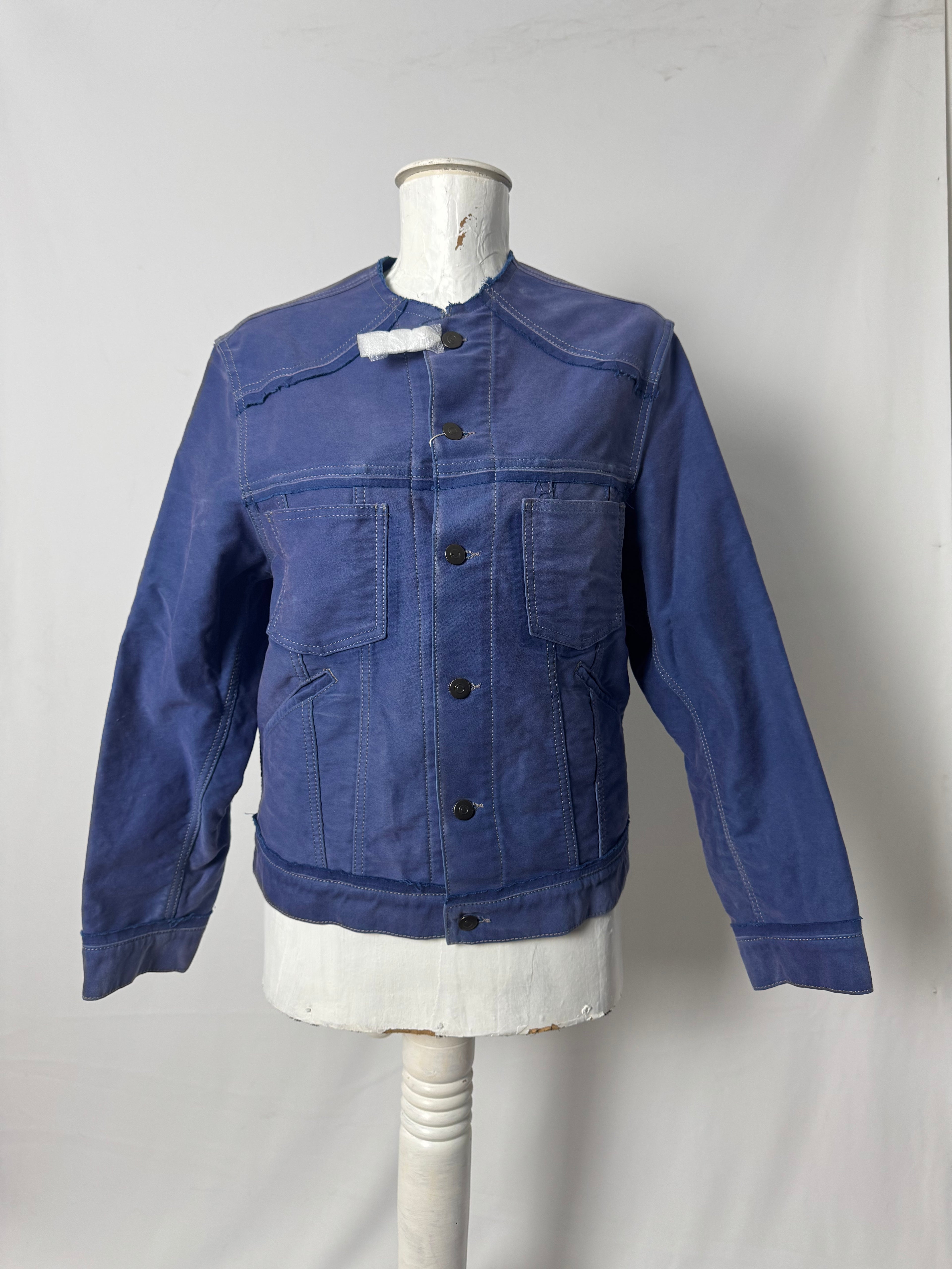 Collarless Reworked Work Jacket Blue