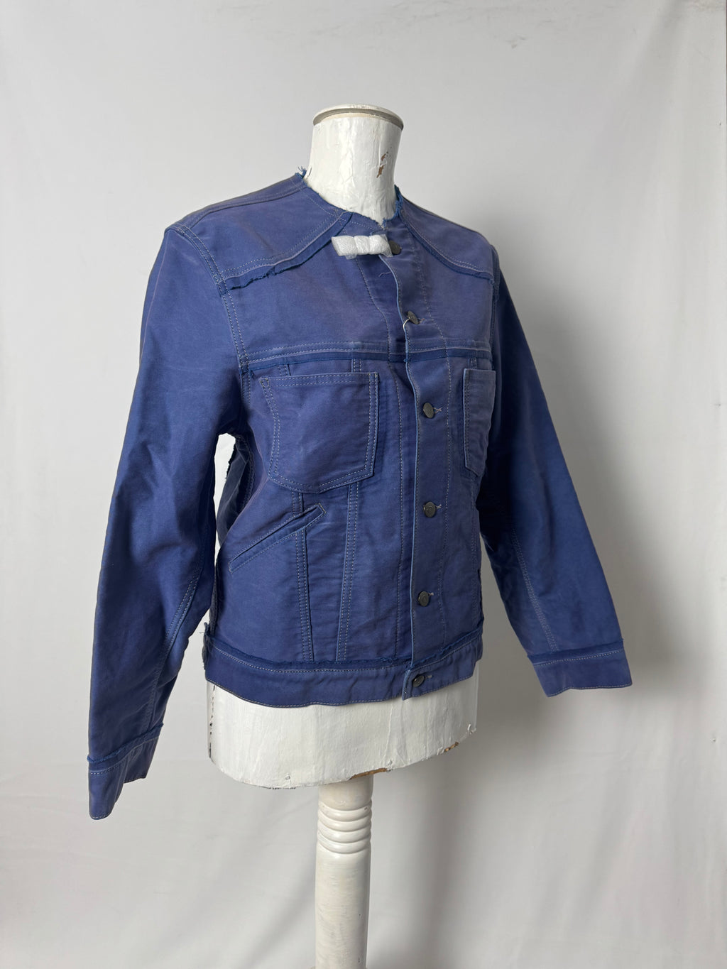Collarless Reworked Work Jacket Blue